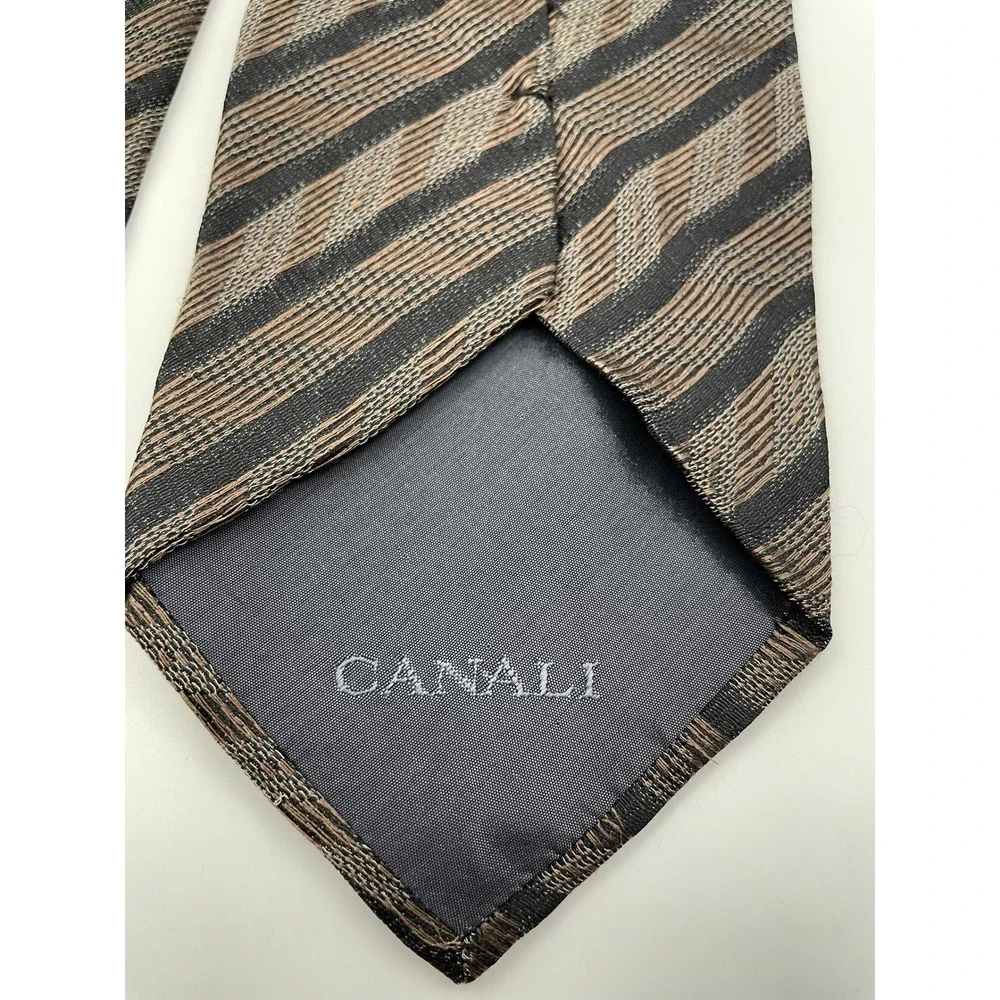 Canali Mens Silk Necktie Brown Tan Black Chevron Stripe Made in Italy Luxury Tie